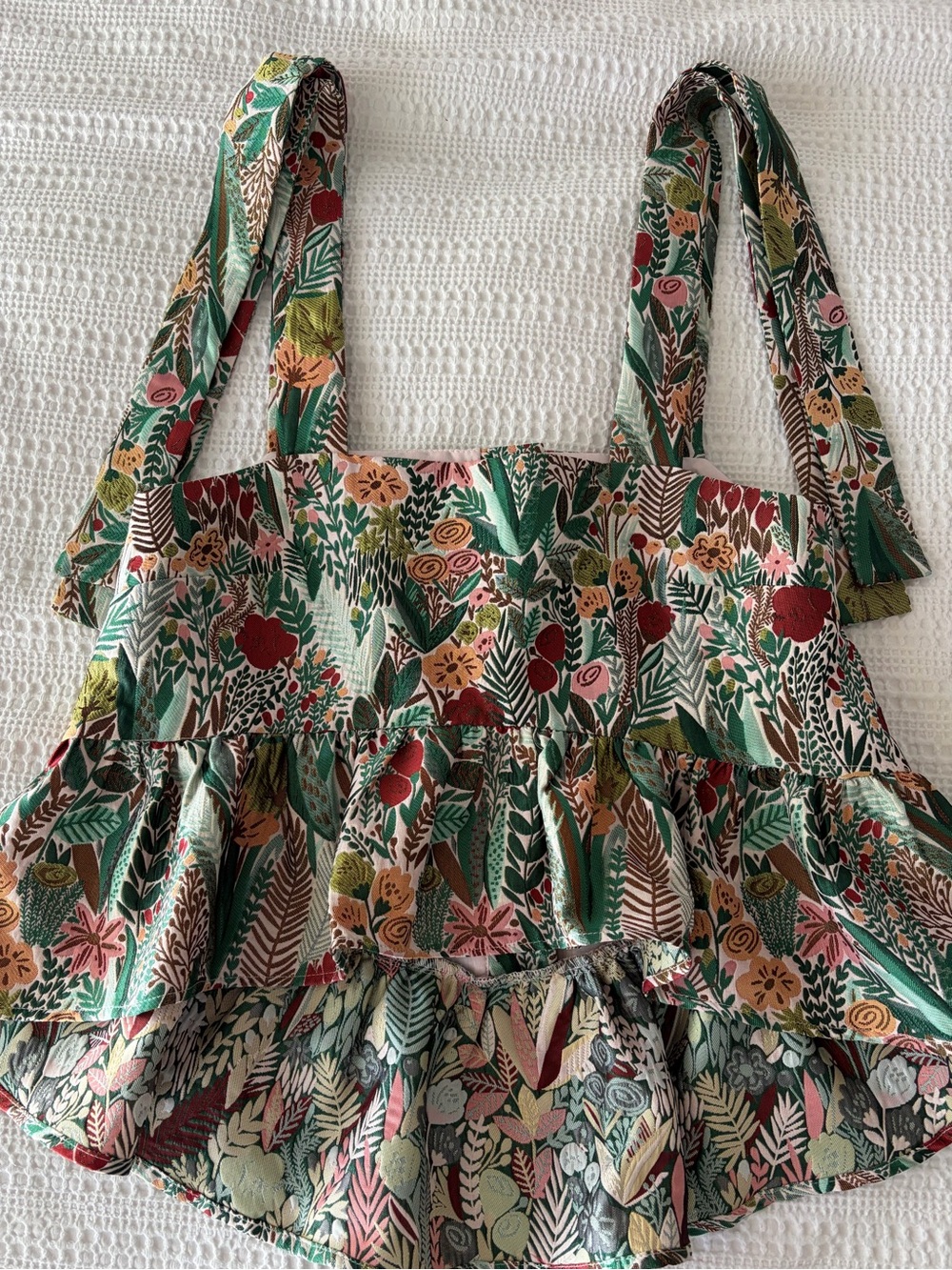 Aureum Floral Tiered Tank Top with Green & Pink Print and Tie Straps
